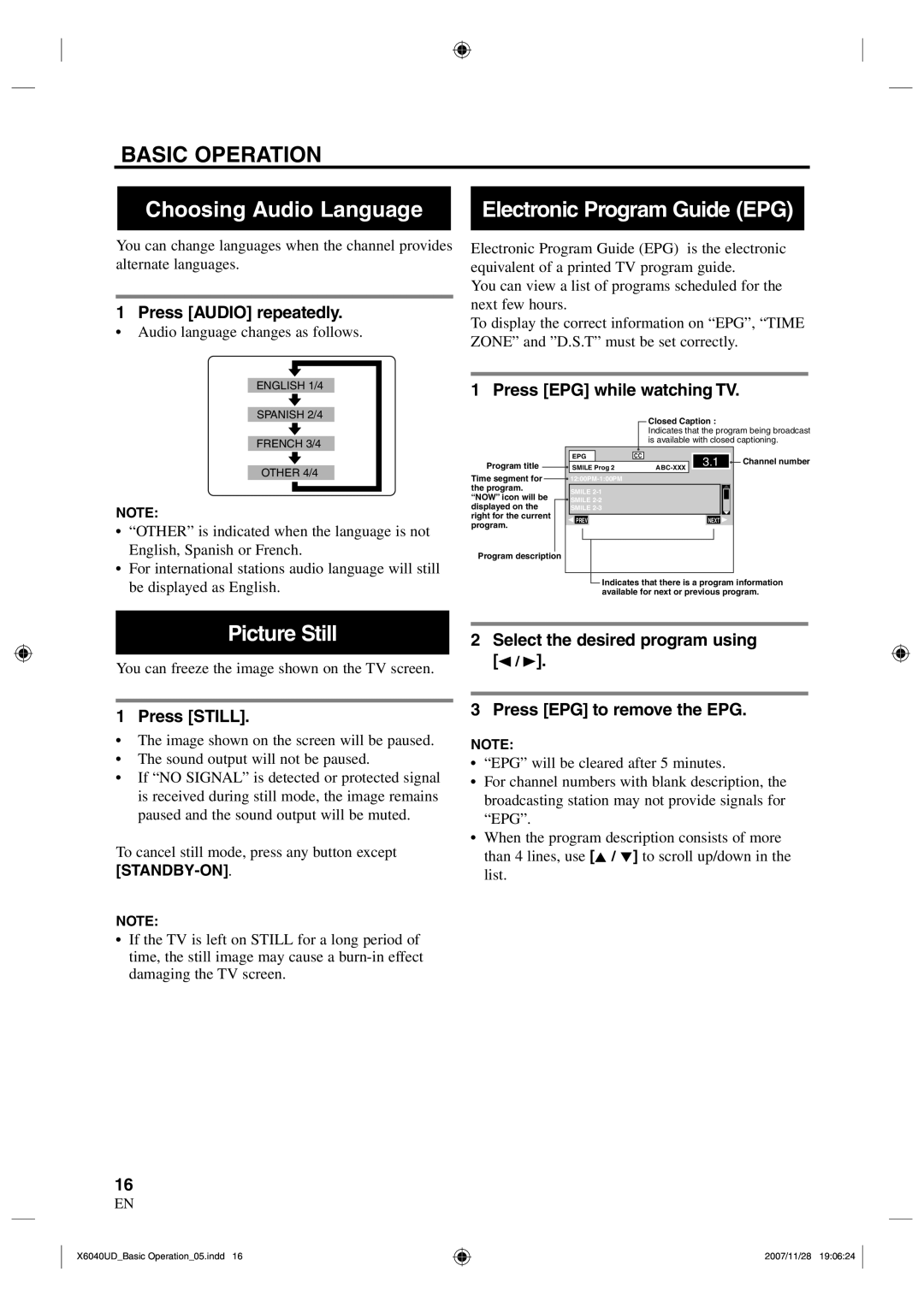 FUNAI TB100MW9 owner manual Choosing Audio Language, Picture Still 