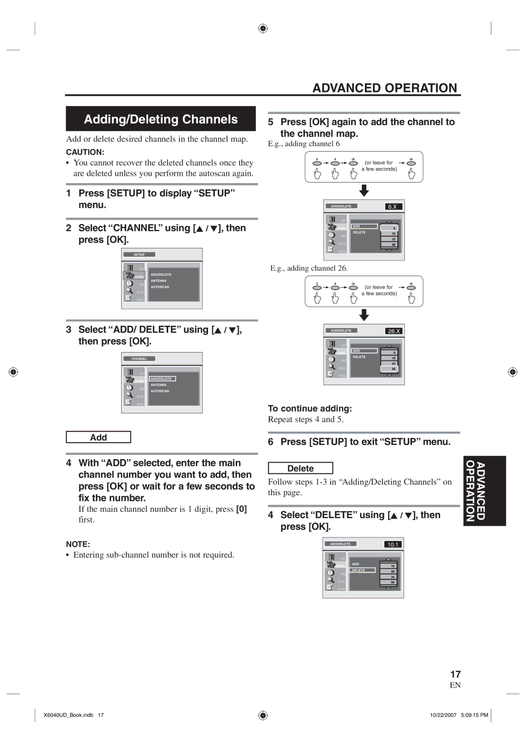 FUNAI TB100MW9 owner manual Advanced Operation, Adding/Deleting Channels 