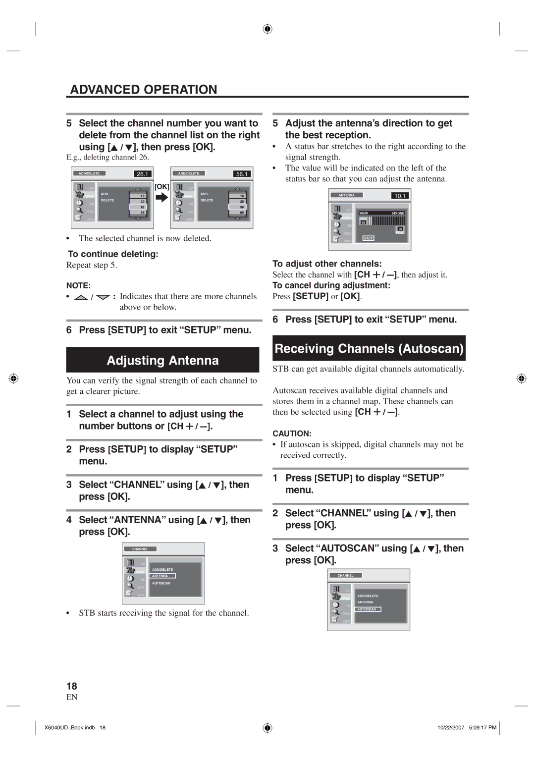 FUNAI TB100MW9 owner manual Adjusting Antenna, Receiving Channels Autoscan, Select the channel number you want to 