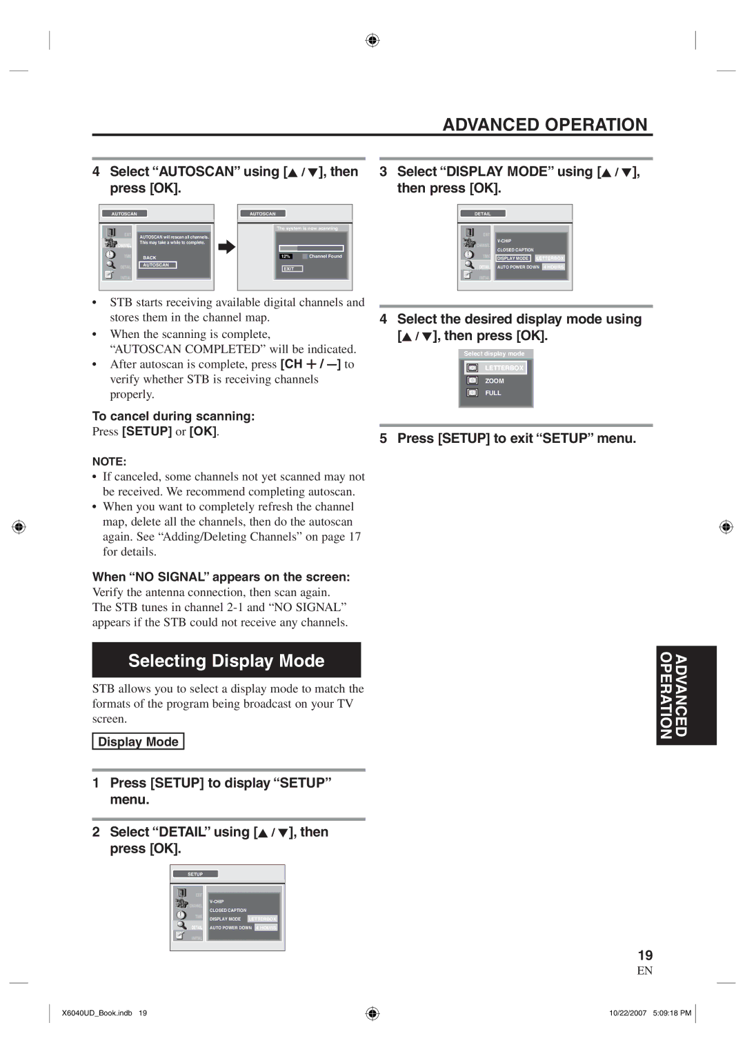 FUNAI TB100MW9 owner manual Selecting Display Mode, Select Display Mode using K / L, then press OK 