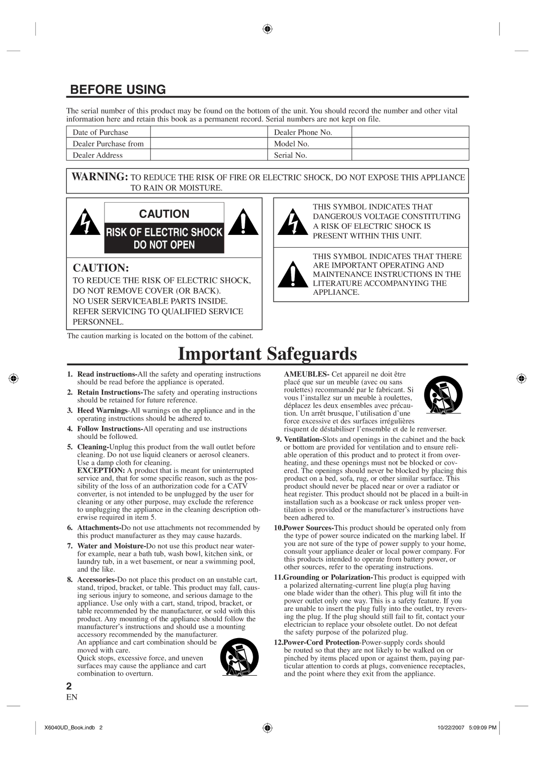 FUNAI TB100MW9 owner manual Before Using, Risk of Electric Shock Do not Open 