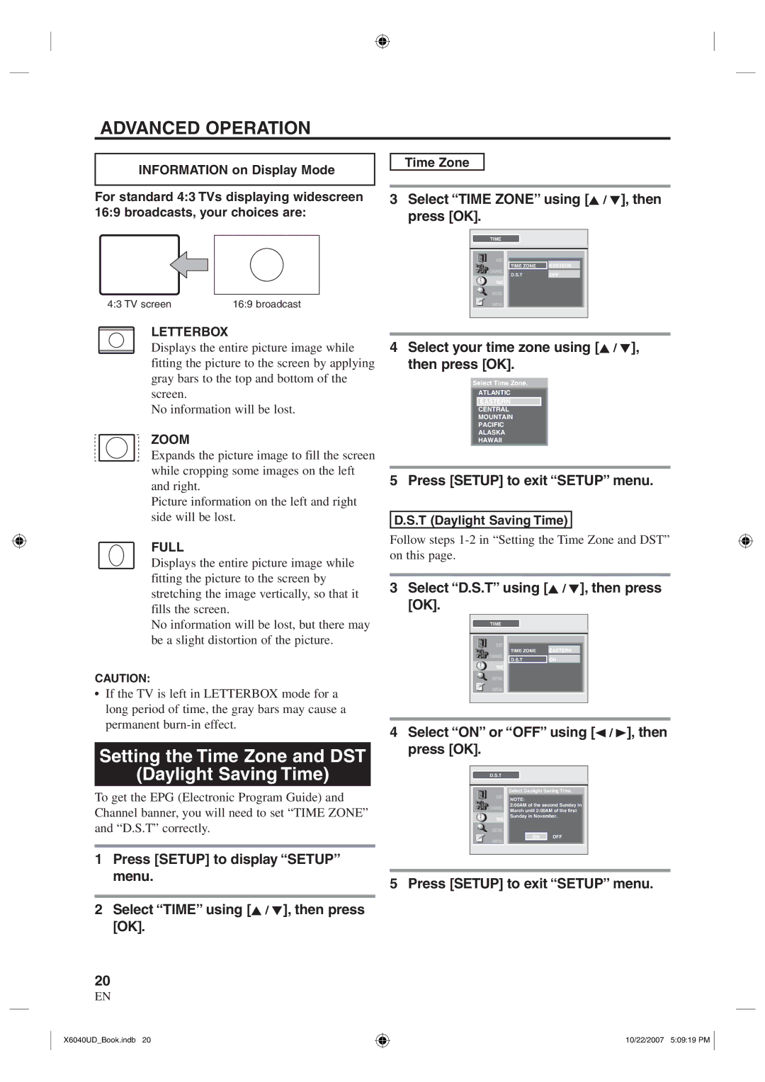 FUNAI TB100MW9 owner manual Setting the Time Zone and DST Daylight Saving Time, Select Time Zone using K / L, then press OK 