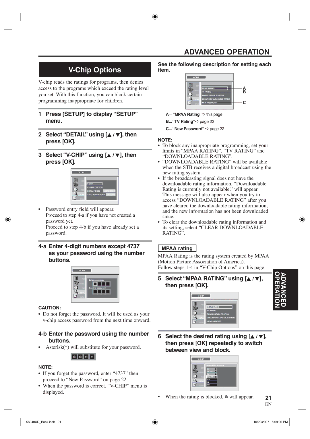 FUNAI TB100MW9 Chip Options, Select Mpaa Rating using K / L, then press OK, Enter the password using the number buttons 