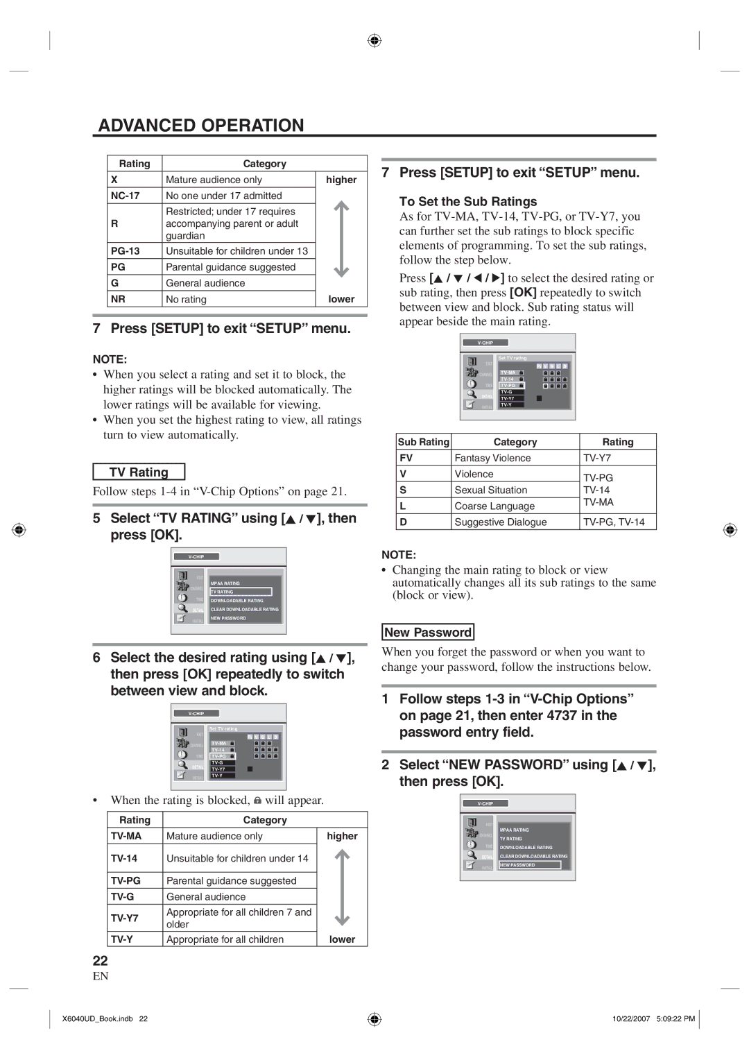 FUNAI TB100MW9 Select TV Rating using K / L, then press OK, Follow steps 1-3 in V-Chip Options, Password entry field 