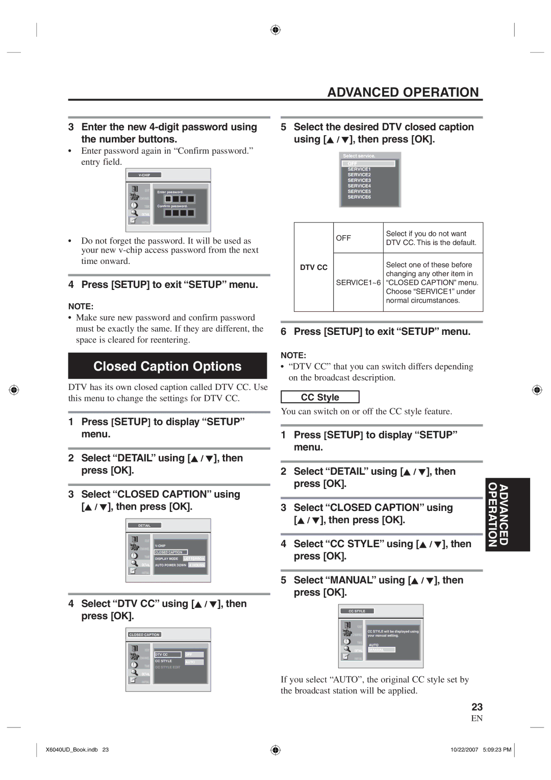 FUNAI TB100MW9 owner manual Closed Caption Options, Enter the new 4-digit password using the number buttons, CC Style 