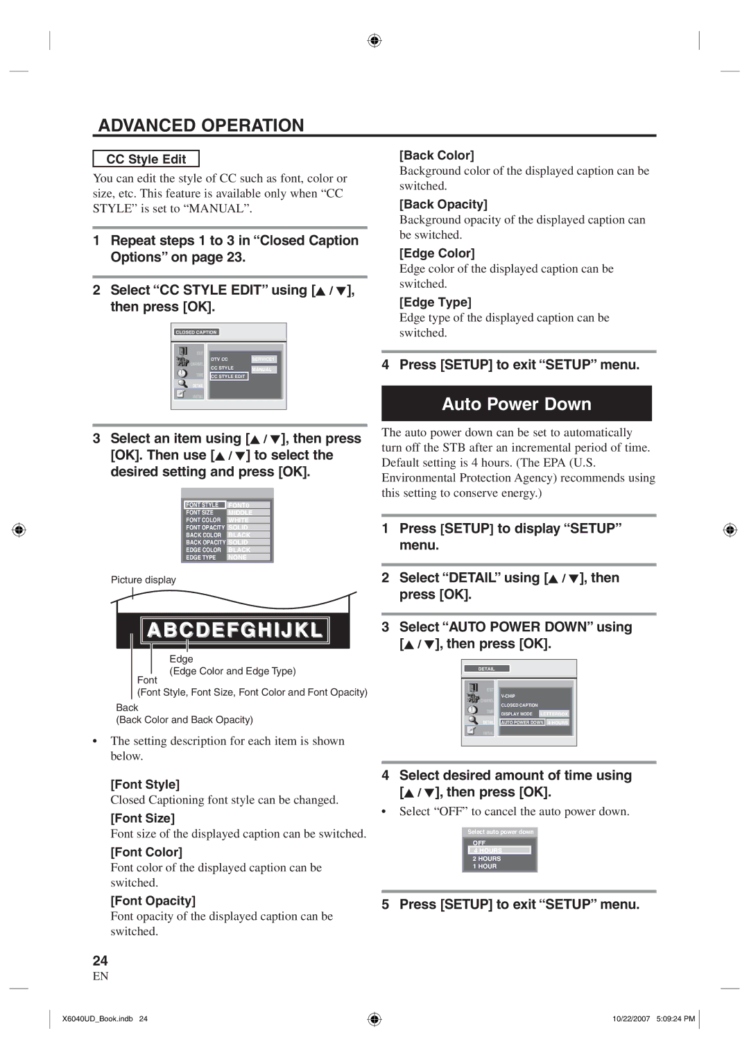 FUNAI TB100MW9 owner manual Auto Power Down, Select desired amount of time using K / L, then press OK 