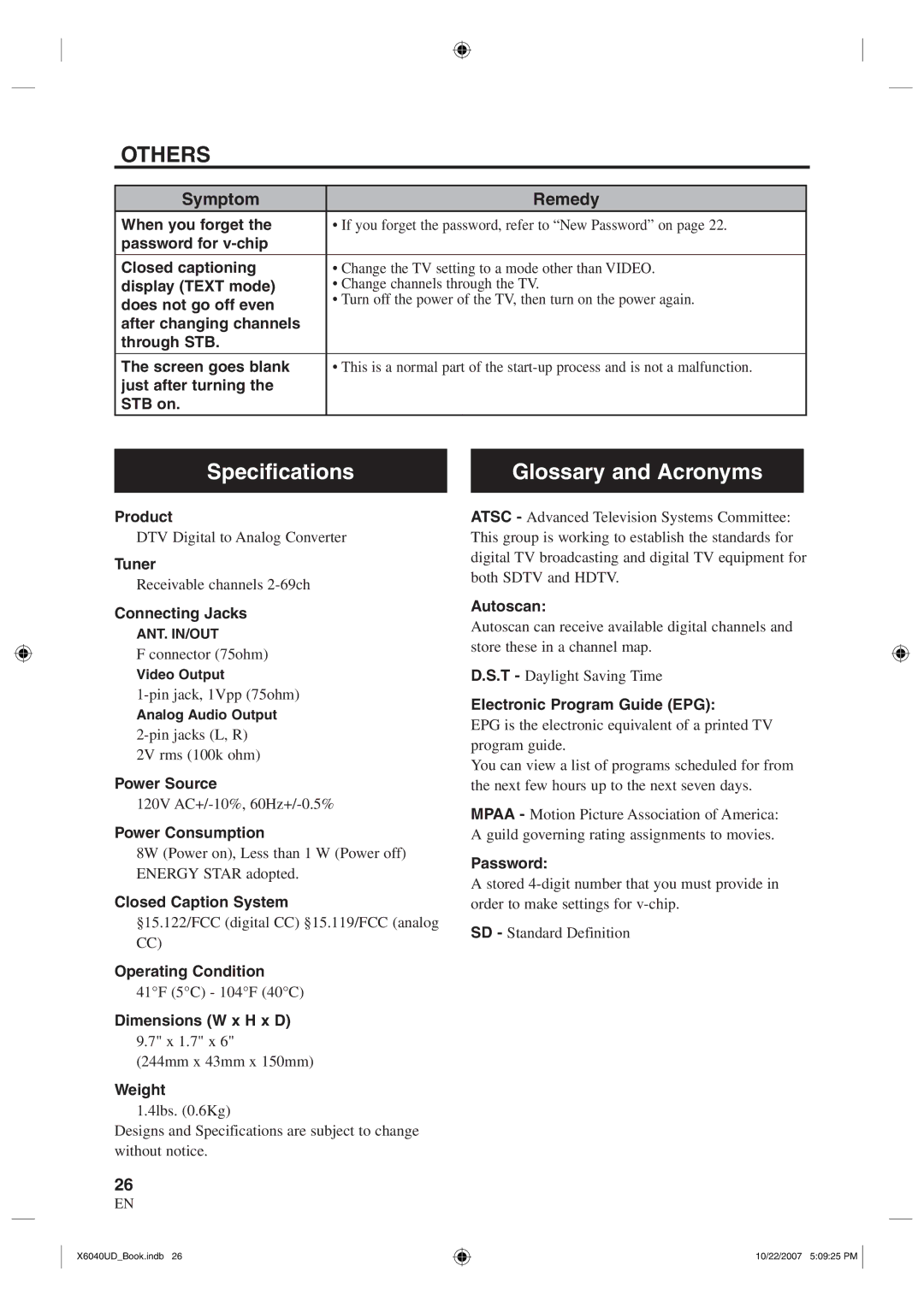 FUNAI TB100MW9 owner manual Specifications, Glossary and Acronyms 