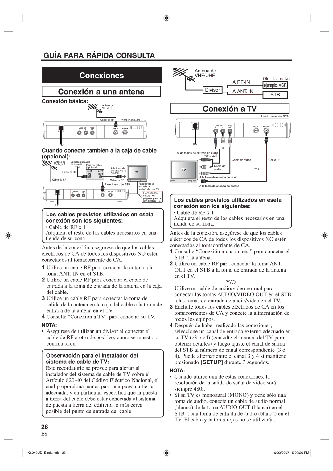 FUNAI TB100MW9 owner manual Conexiones, Conexión básica, Cuando conecte tambien a la caja de cable opcional 