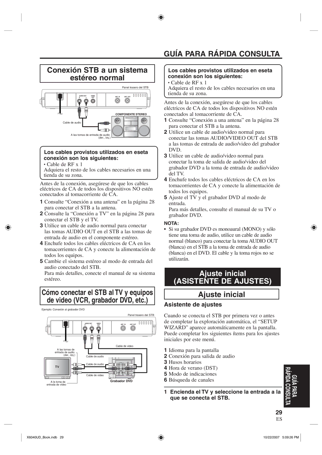 FUNAI TB100MW9 owner manual Guía Para Rápida Consulta, Ajuste inicial, Asistente de ajustes 