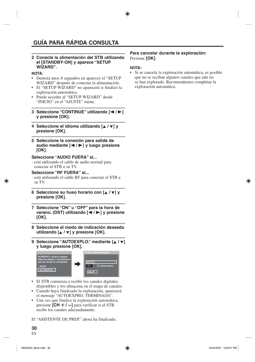 FUNAI TB100MW9 owner manual Seleccione RF Fuera si, Para cancelar durante la exploración Presione OK 