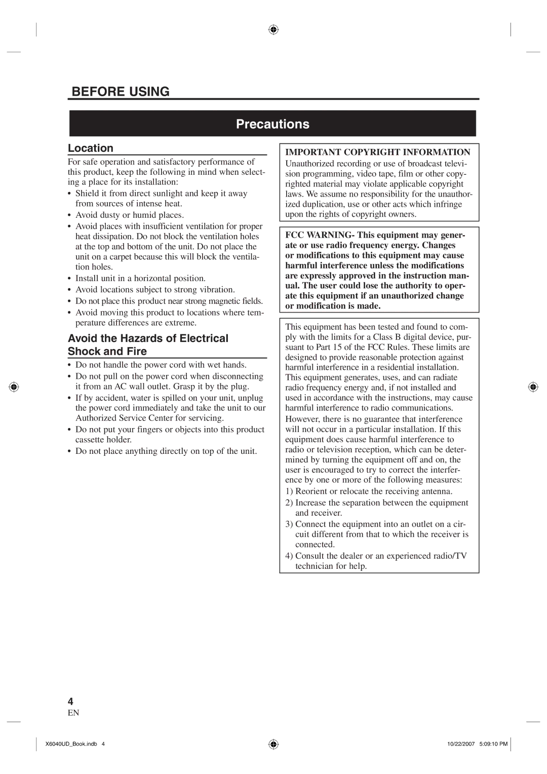 FUNAI TB100MW9 owner manual Precautions, Location 