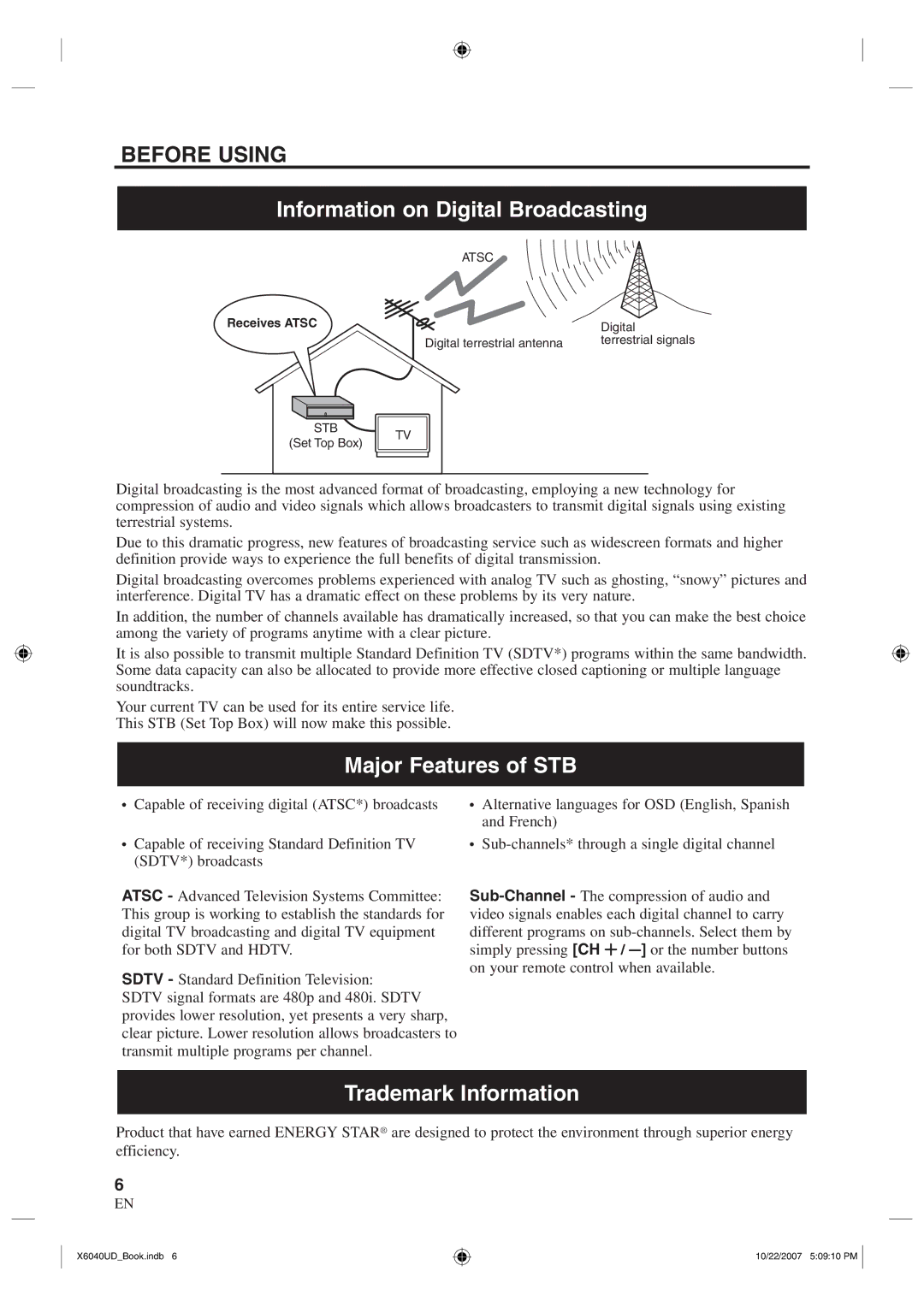 FUNAI TB100MW9 owner manual Information on Digital Broadcasting, Major Features of STB, Trademark Information 