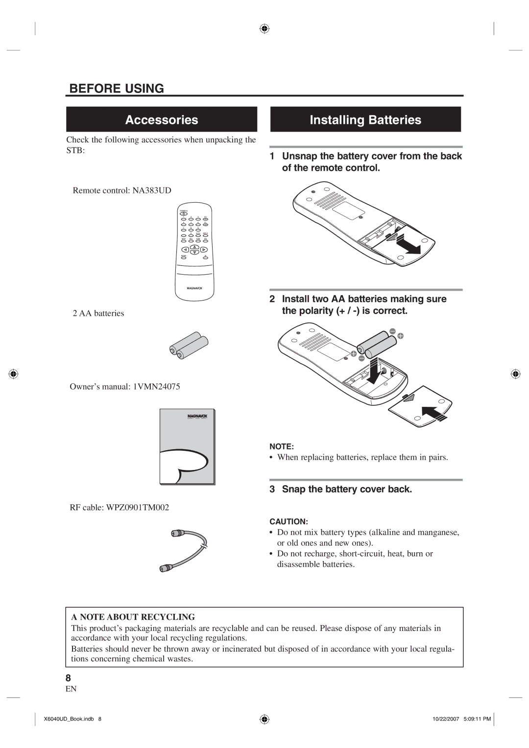 FUNAI TB100MW9 owner manual Accessories Installing Batteries, Snap the battery cover back 