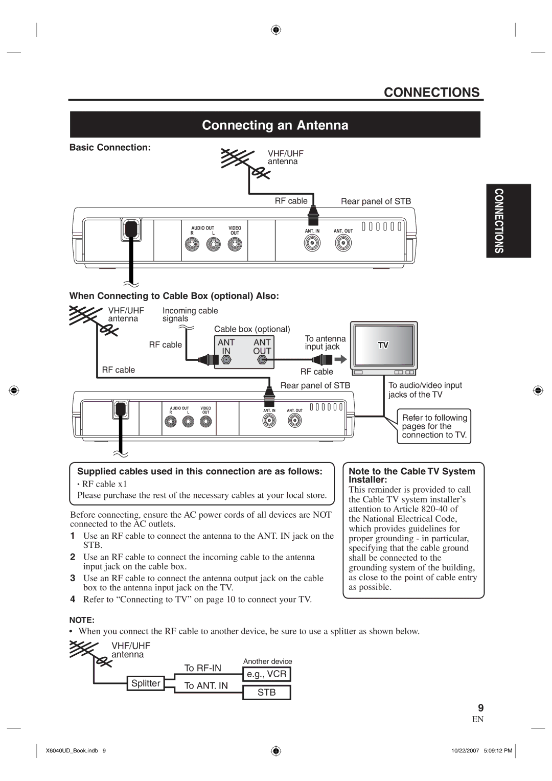 FUNAI TB100MW9 Connections, Connecting an Antenna, Basic Connection, When Connecting to Cable Box optional Also 