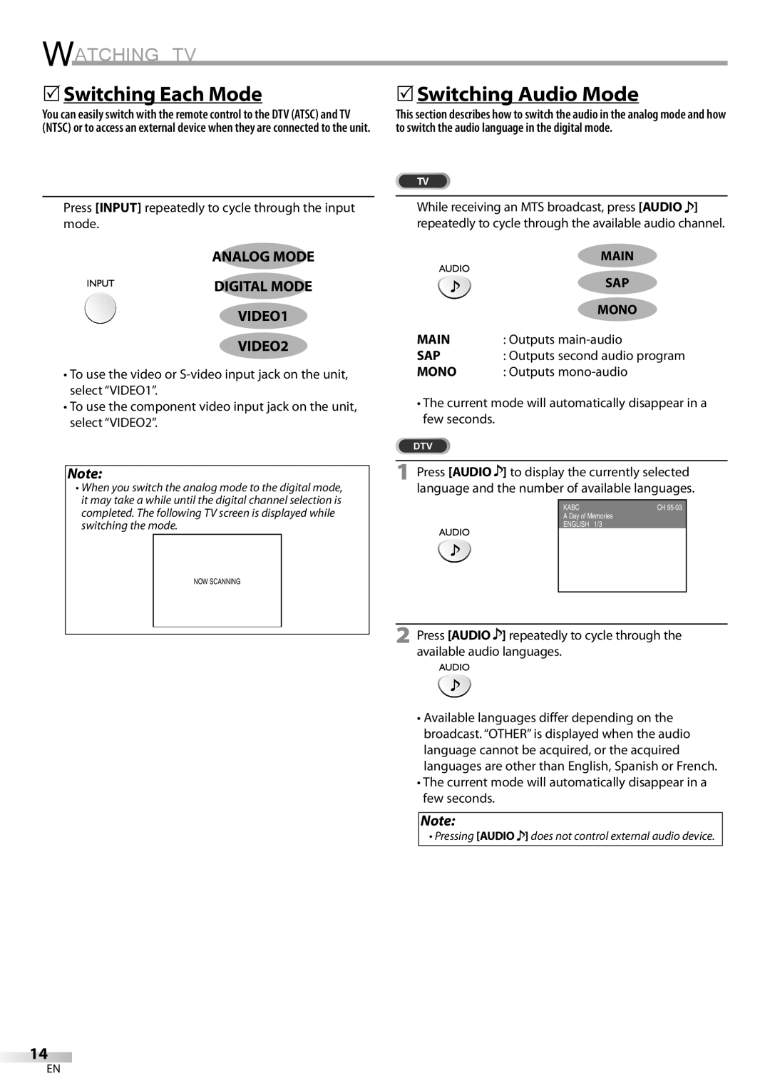 FUNAI V07LCD15 owner manual Switching Each Mode, Switching Audio Mode, Main, Sap, Mono 