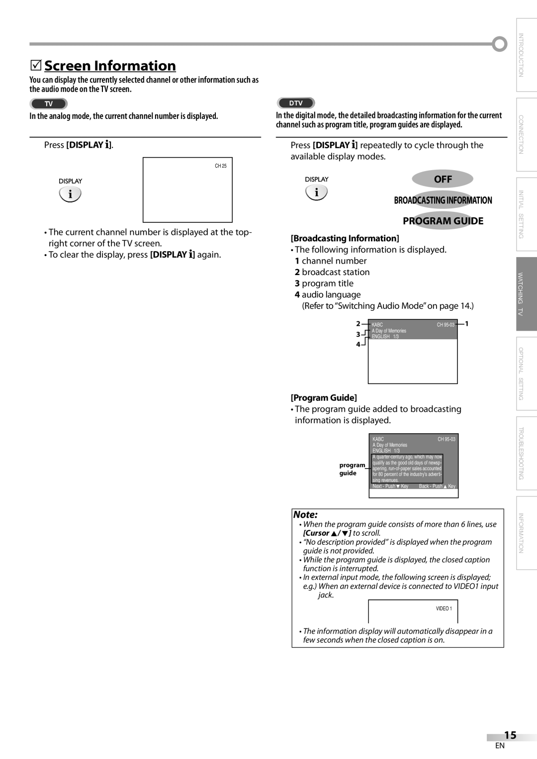 FUNAI V07LCD15 owner manual Screen Information, Off, Program Guide 