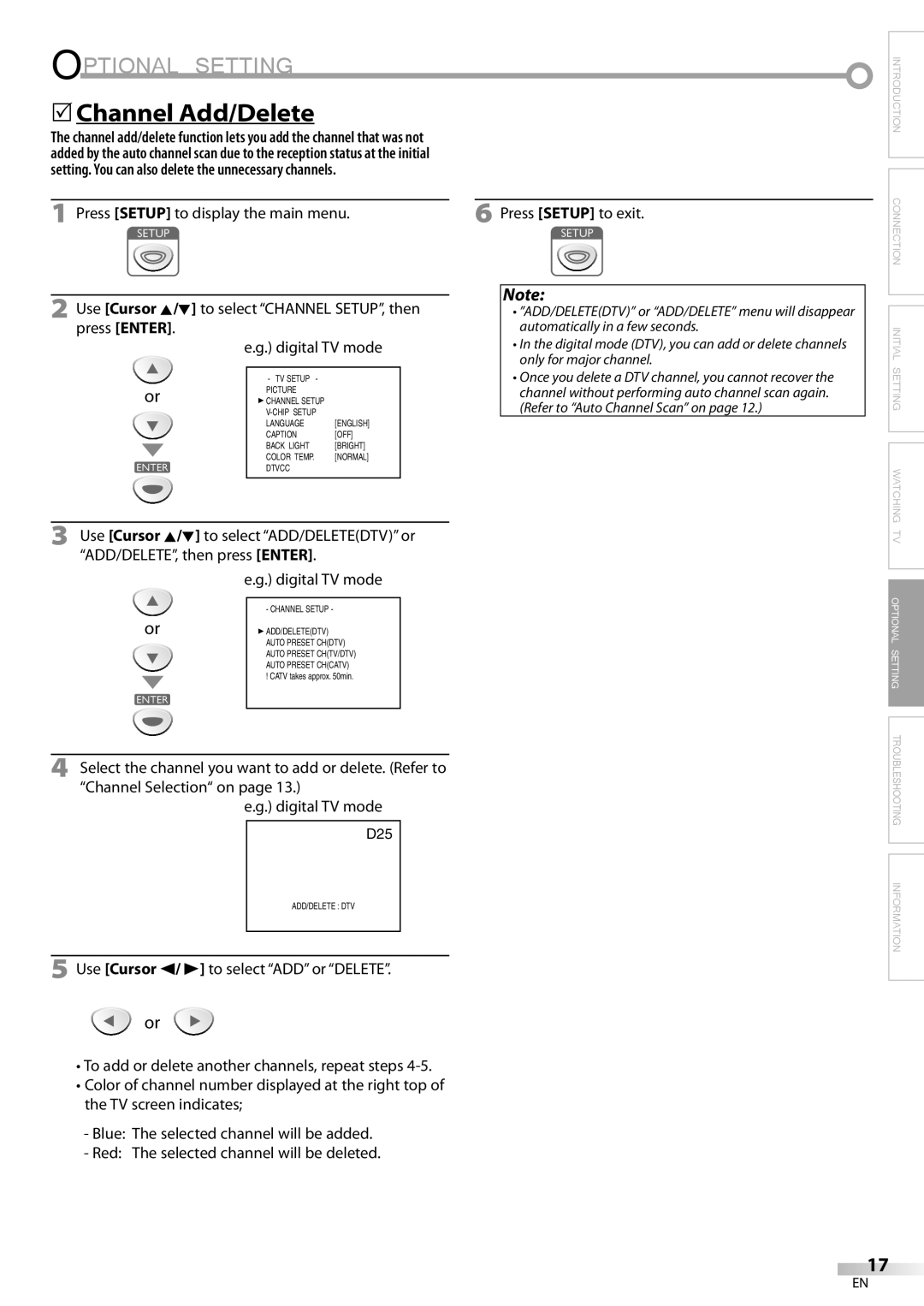 FUNAI V07LCD15 owner manual Optional Setting, Channel Add/Delete 