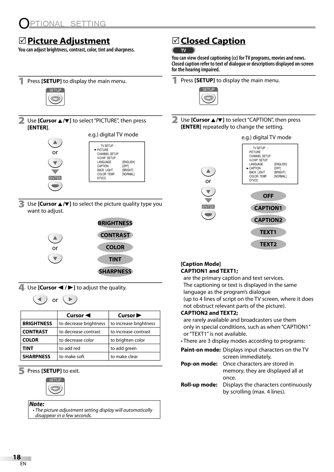 FUNAI V07LCD15 owner manual Picture Adjustment, Closed Caption, Enter, Tint, OFF CAPTION1 CAPTION2 TEXT1 TEXT2 