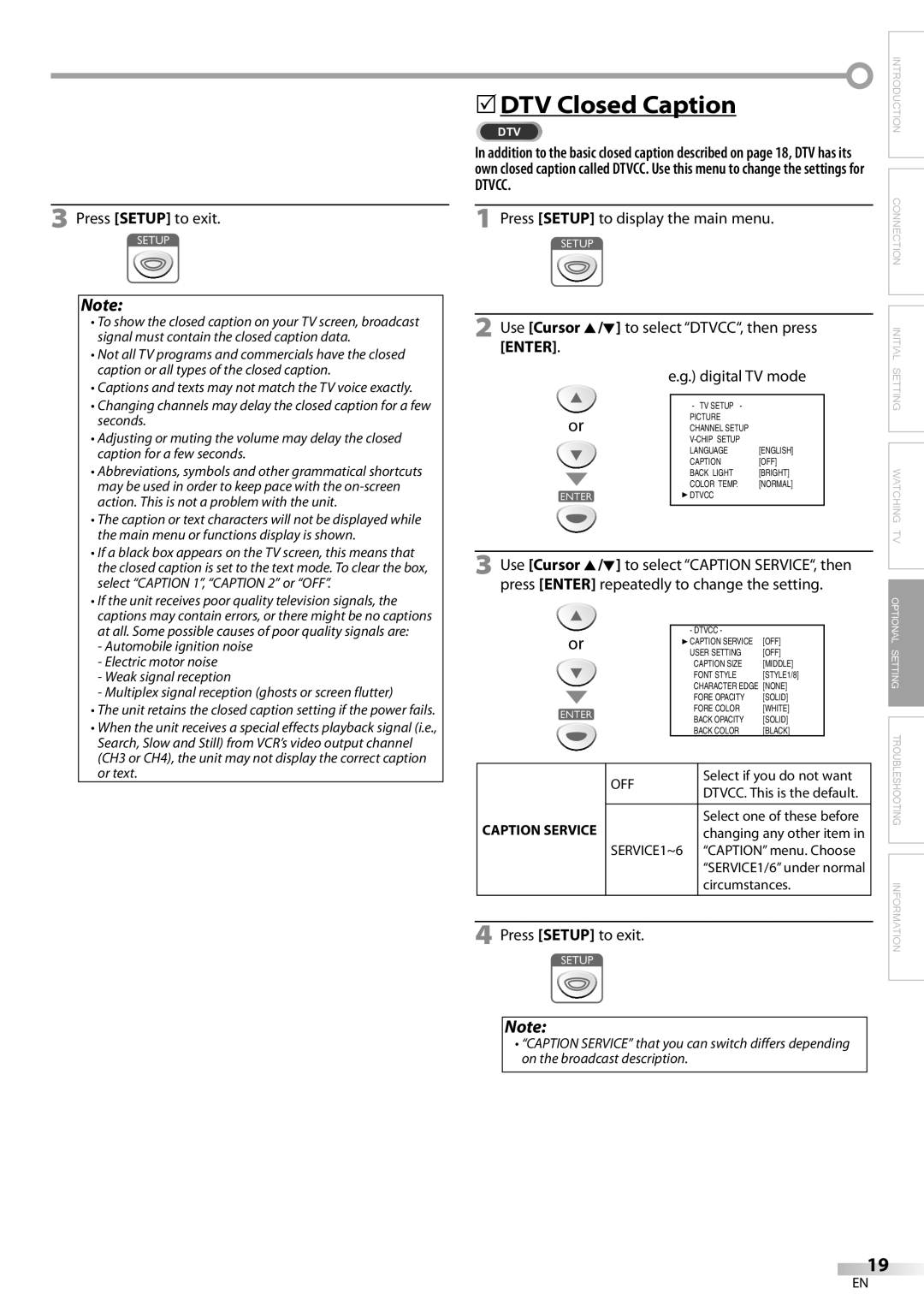 FUNAI V07LCD15 owner manual To select DTVCC, then press, Use Cursor, Caption Service 