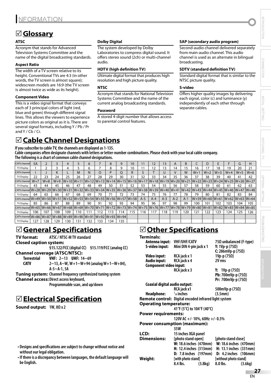 FUNAI V07LCD15 owner manual Information 