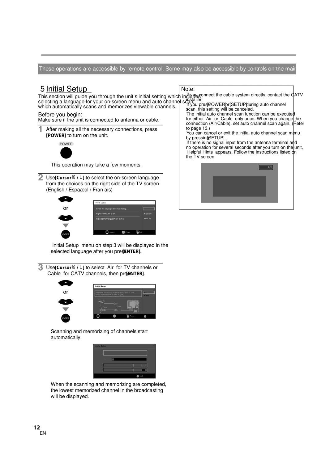 FUNAI V07LCD26 owner manual Initial Setting, 5Initial Setup, Make sure if the unit is connected to antenna or cable 