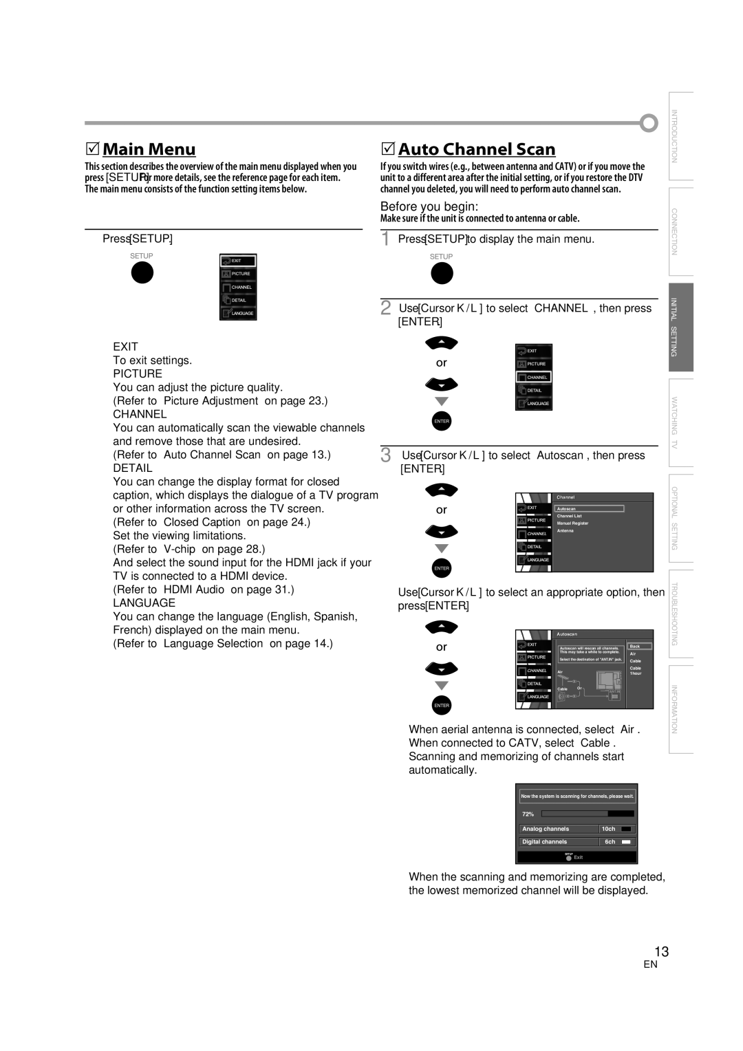 FUNAI V07LCD26 owner manual 5Main Menu, 5Auto Channel Scan 