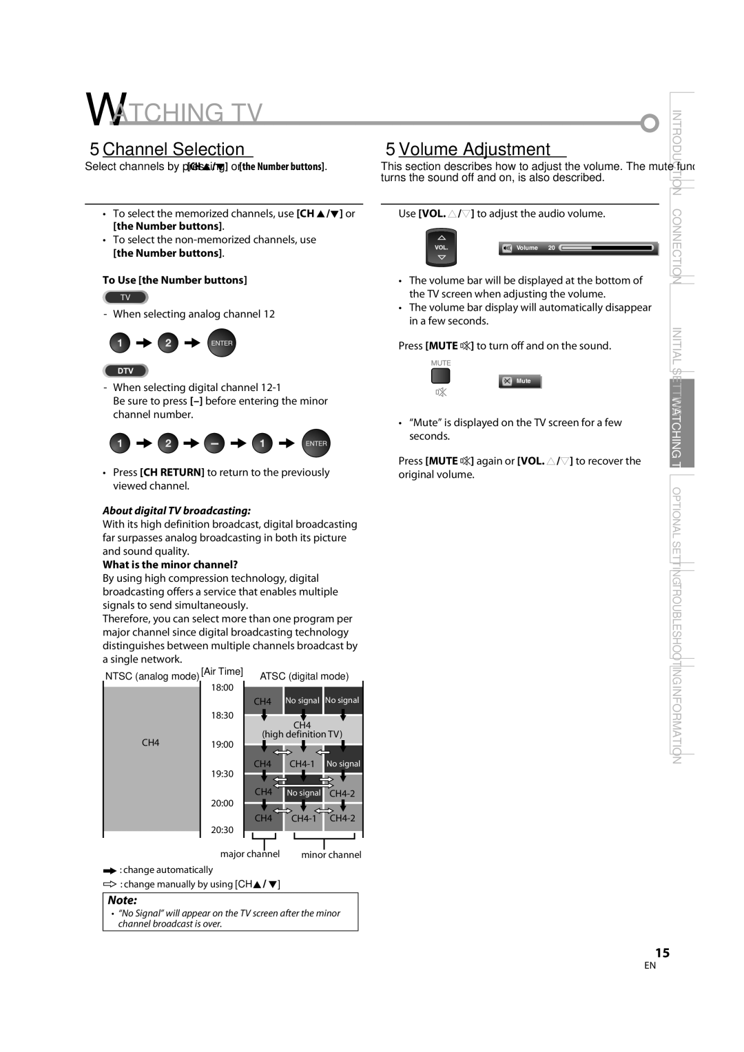 FUNAI V07LCD26 Watching TV, 5Channel Selection, 5Volume Adjustment, To Use the Number buttons, What is the minor channel? 