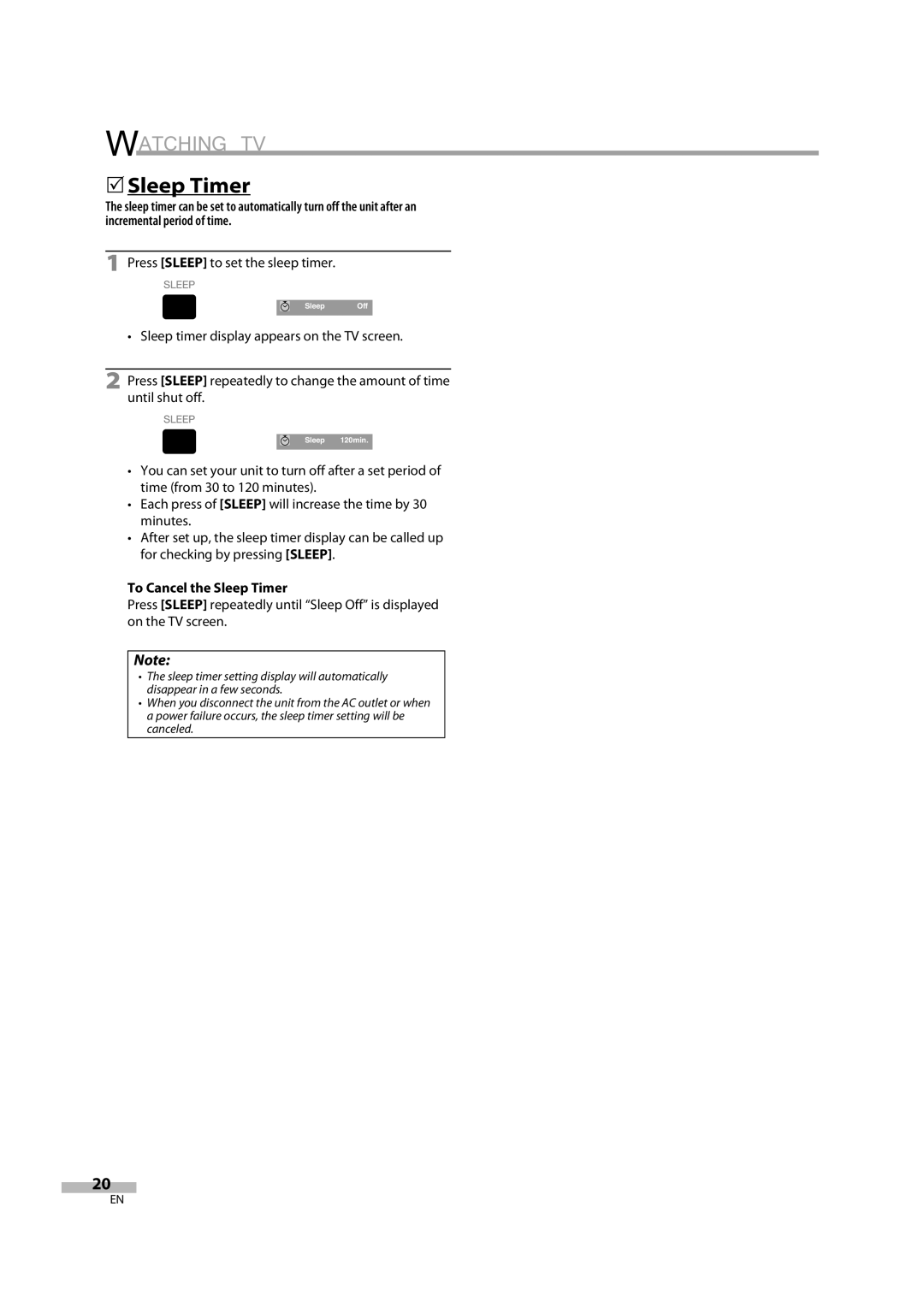 FUNAI V07LCD26 owner manual 5Sleep Timer, Press Sleep to set the sleep timer, To Cancel the Sleep Timer 