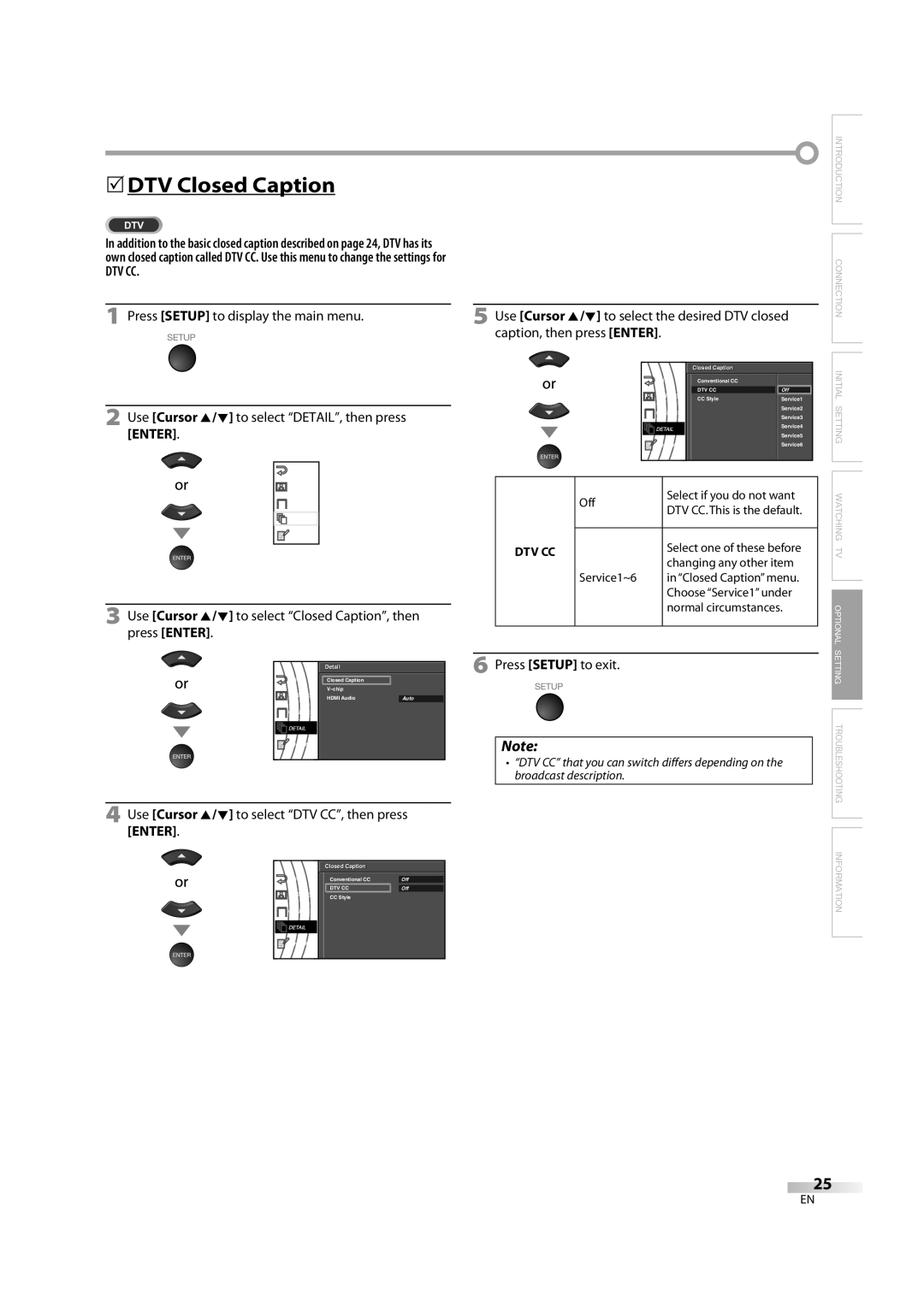 FUNAI V07LCD26 owner manual 5DTV Closed Caption, Dtv Cc, Use Cursor K/L to select DTV CC, then press Enter 