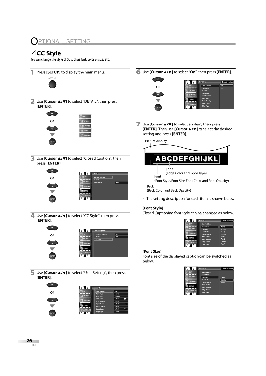 FUNAI V07LCD26 owner manual 5CC Style, Font Style, Font Size 