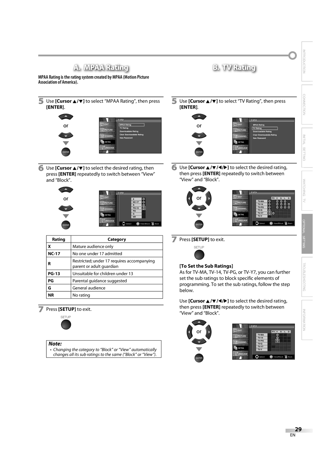 FUNAI V07LCD26 owner manual View and Block, Press Setup to exit, To Set the Sub Ratings 