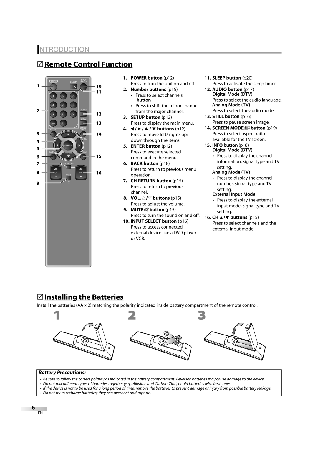 FUNAI V07LCD26 owner manual 5Remote Control Function, 5Installing the Batteries 