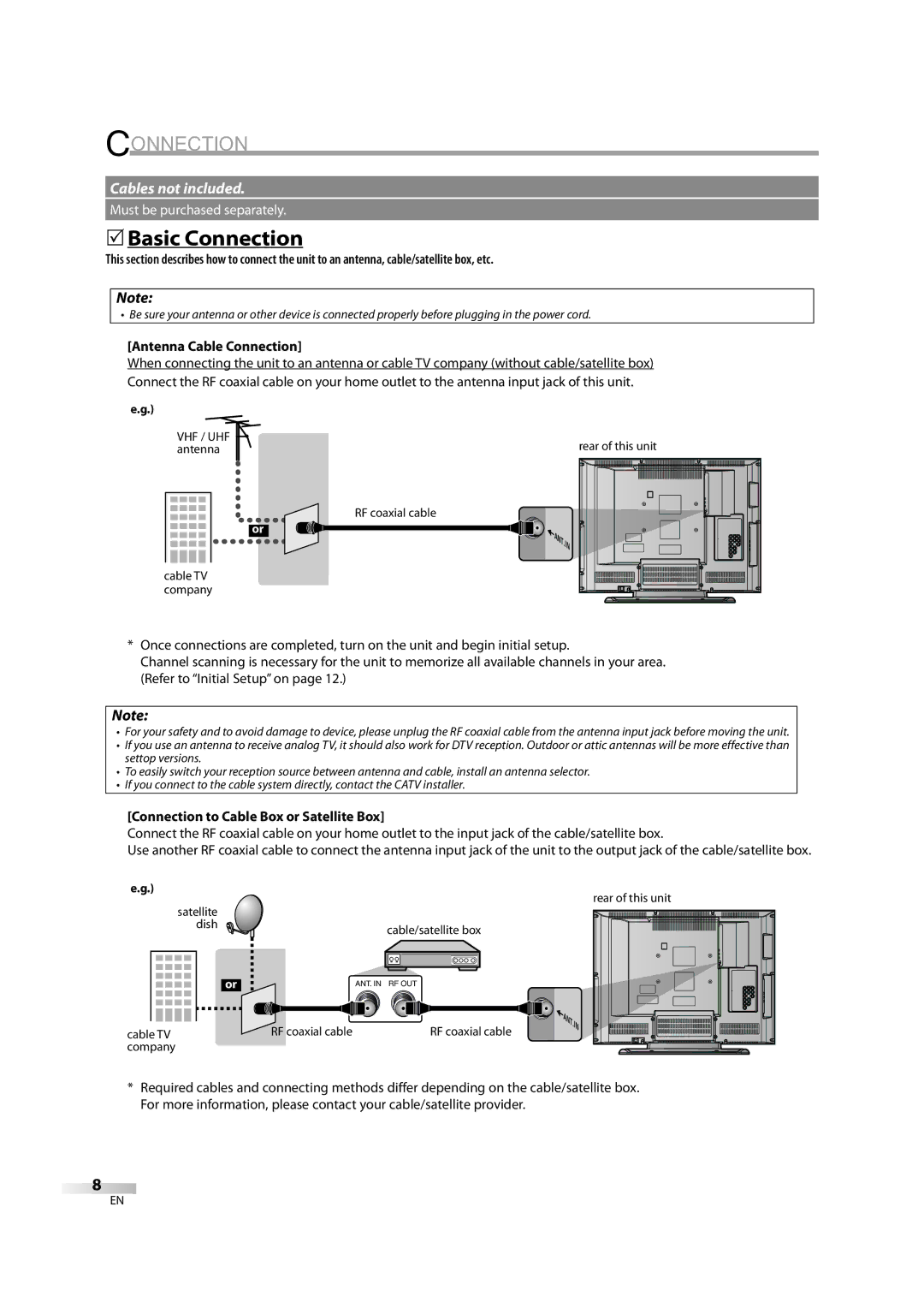 FUNAI V07LCD26 owner manual 5Basic Connection, Antenna Cable Connection, Connection to Cable Box or Satellite Box 