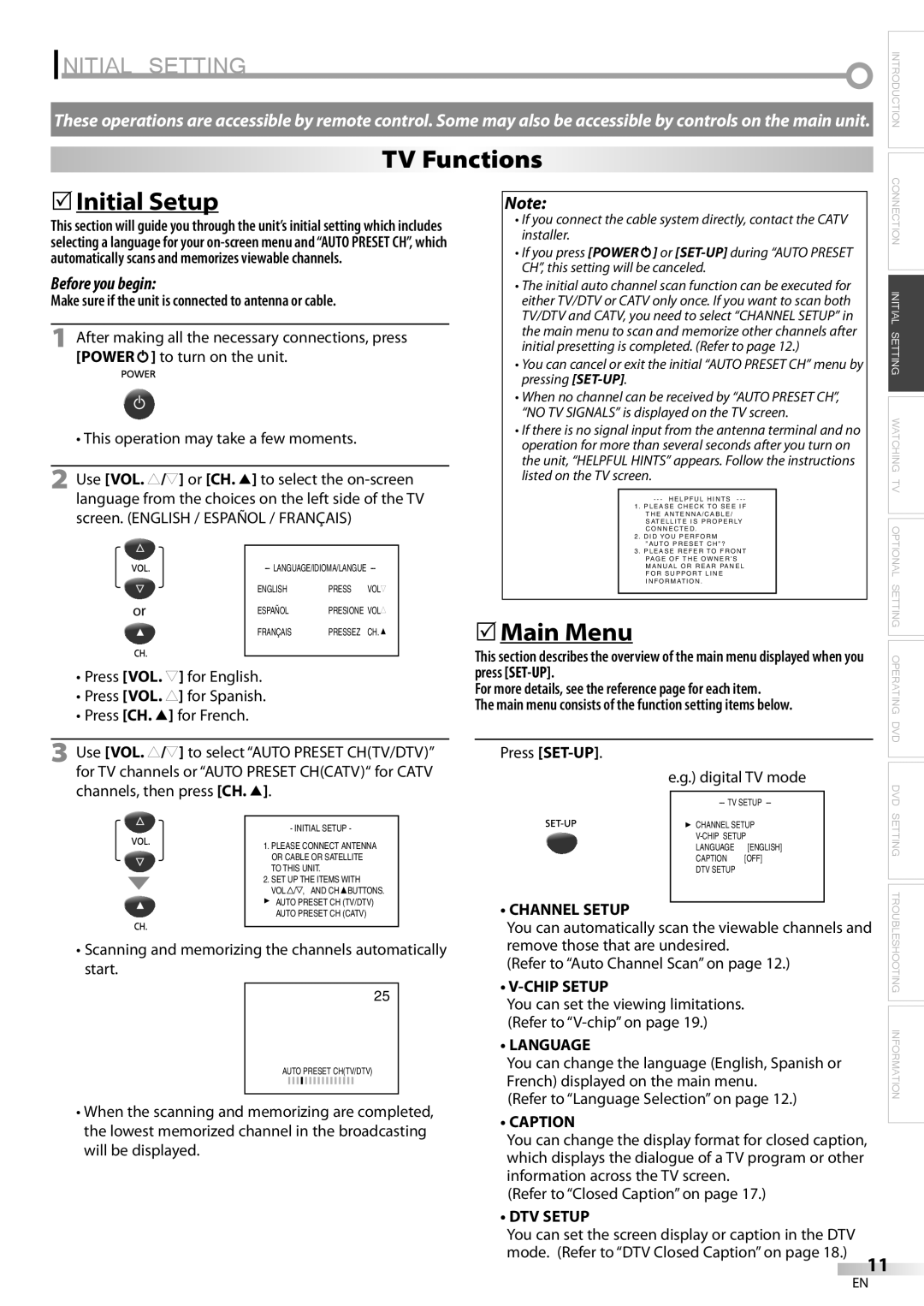 FUNAI V7PFDVD20 owner manual Initial Setting, TV Functions Initial Setup, Main Menu 