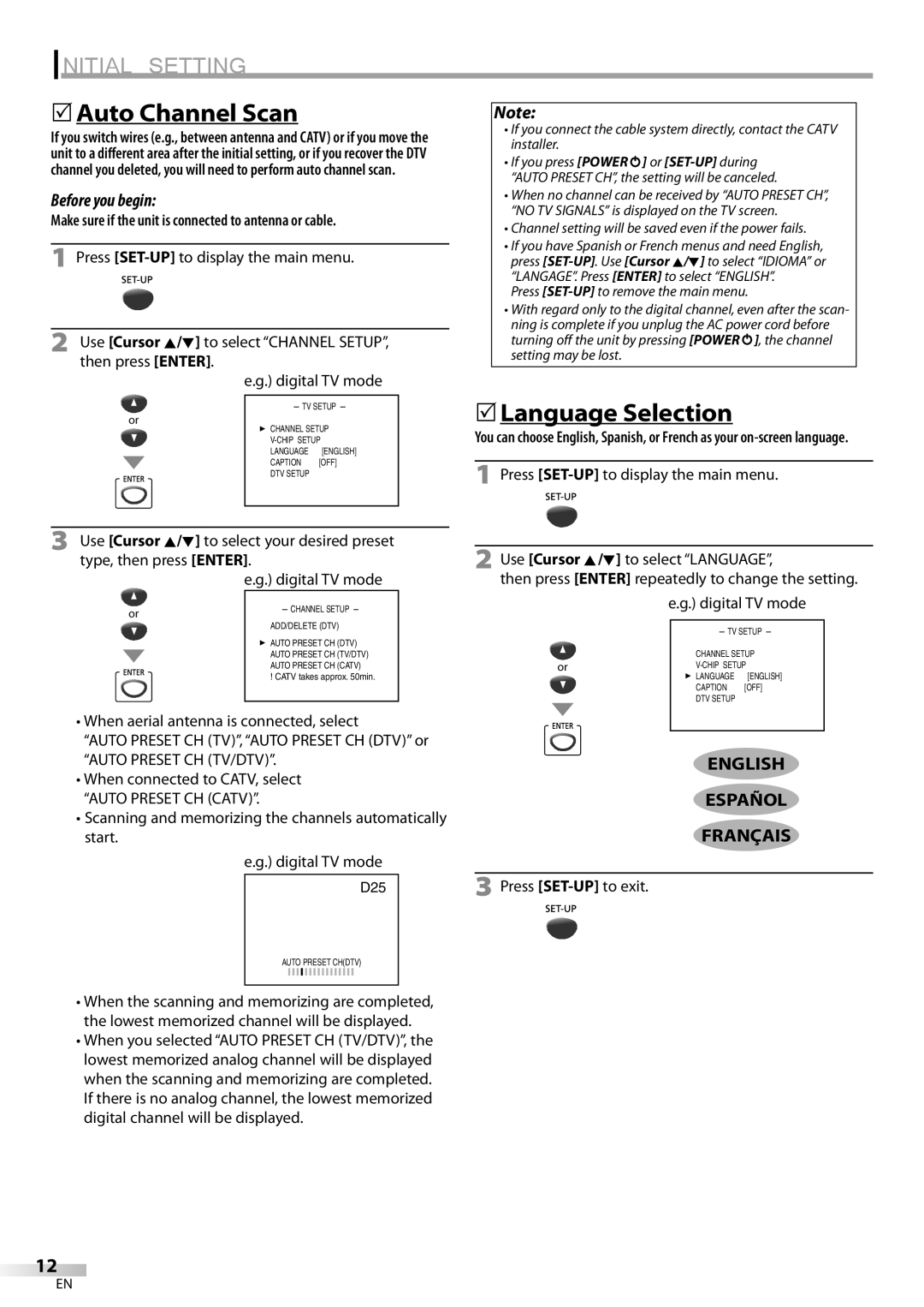 FUNAI V7PFDVD20 owner manual Auto Channel Scan, Language Selection, Press SET-UPto exit 