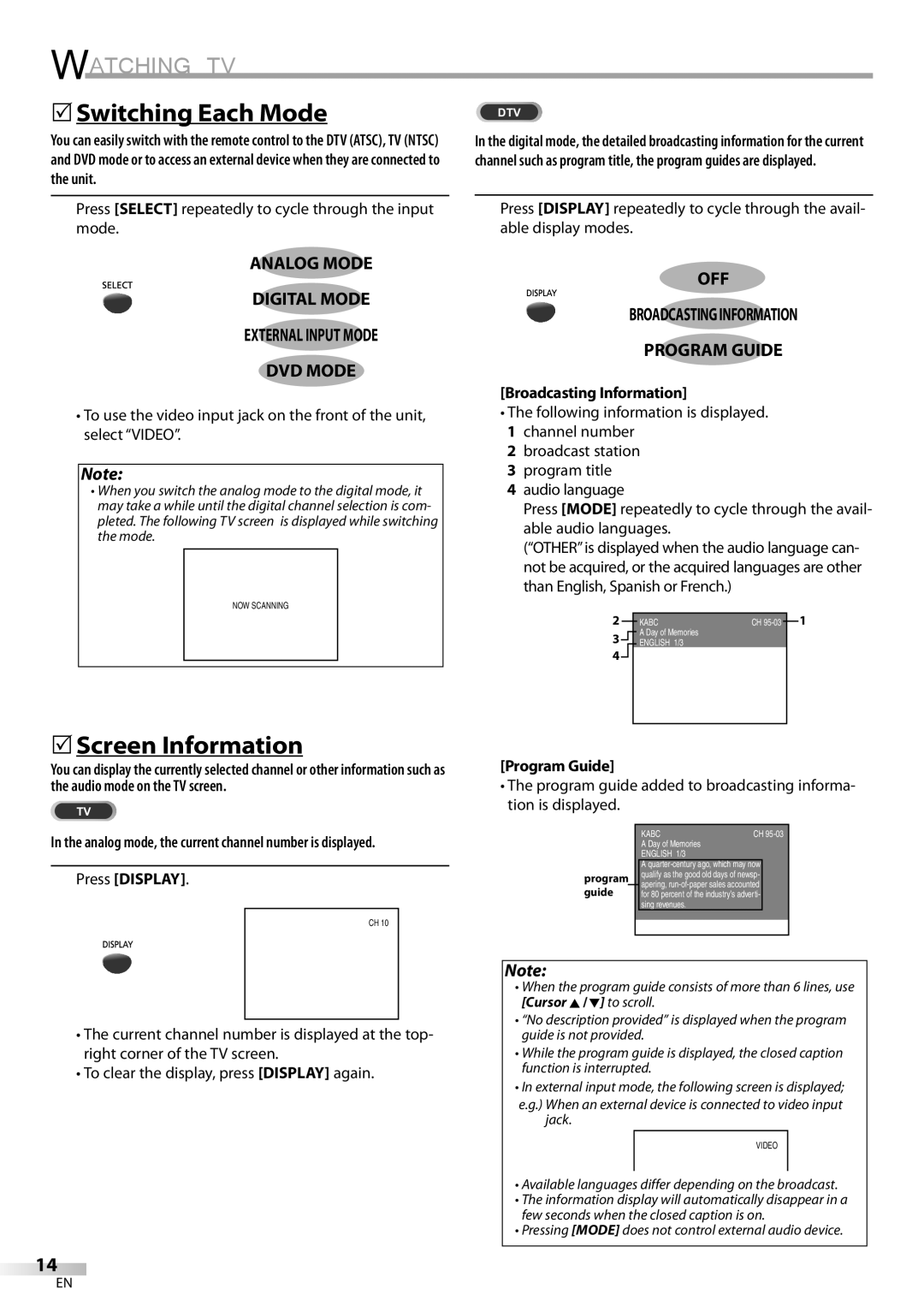 FUNAI V7PFDVD20 Switching Each Mode, Screen Information, Broadcasting Information, Press Display, Program Guide 