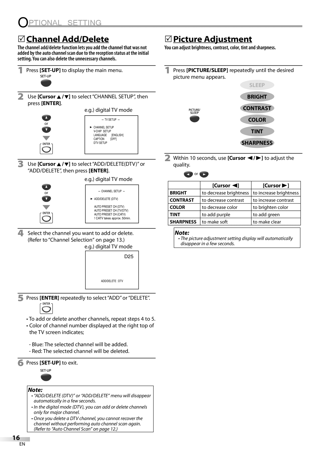 FUNAI V7PFDVD20 owner manual Optional Setting, Channel Add/Delete, Picture Adjustment, Bright Contrast Color Tint Sharpness 