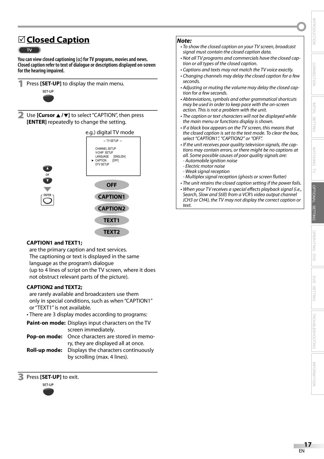 FUNAI V7PFDVD20 owner manual Closed Caption, Press SET-UPto display the main menu, OFF CAPTION1 CAPTION2 TEXT1 TEXT2 