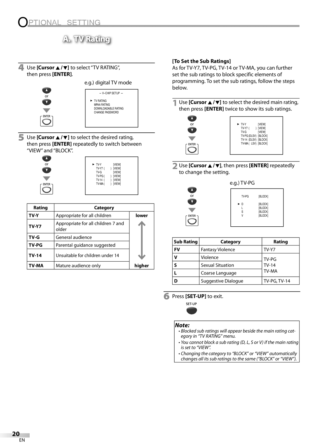 FUNAI V7PFDVD20 owner manual TV Rating, To Set the Sub Ratings 