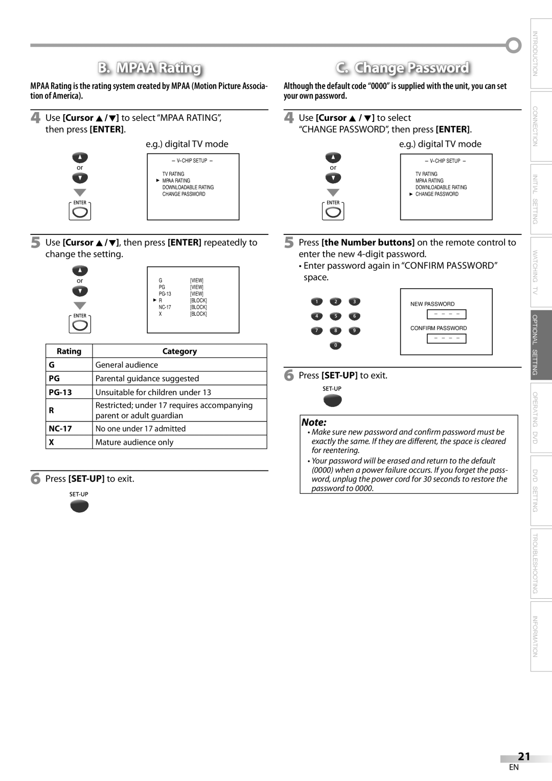 FUNAI V7PFDVD20 Mpaa Rating, Change Password, Use Cursor K / L to select, Enter password again in Confirm Password space 