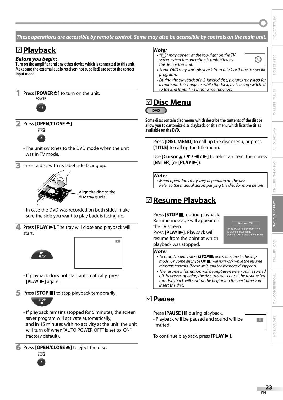 FUNAI V7PFDVD20 owner manual Playback, Press POWERy to turn on the unit, Press OPEN/CLOSE a 