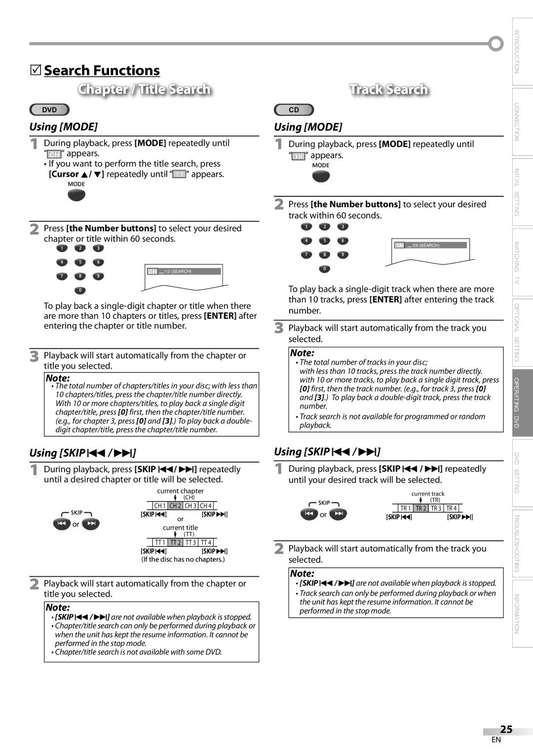 FUNAI V7PFDVD20 owner manual Search Functions, Chapter / Title Search, Track Search 