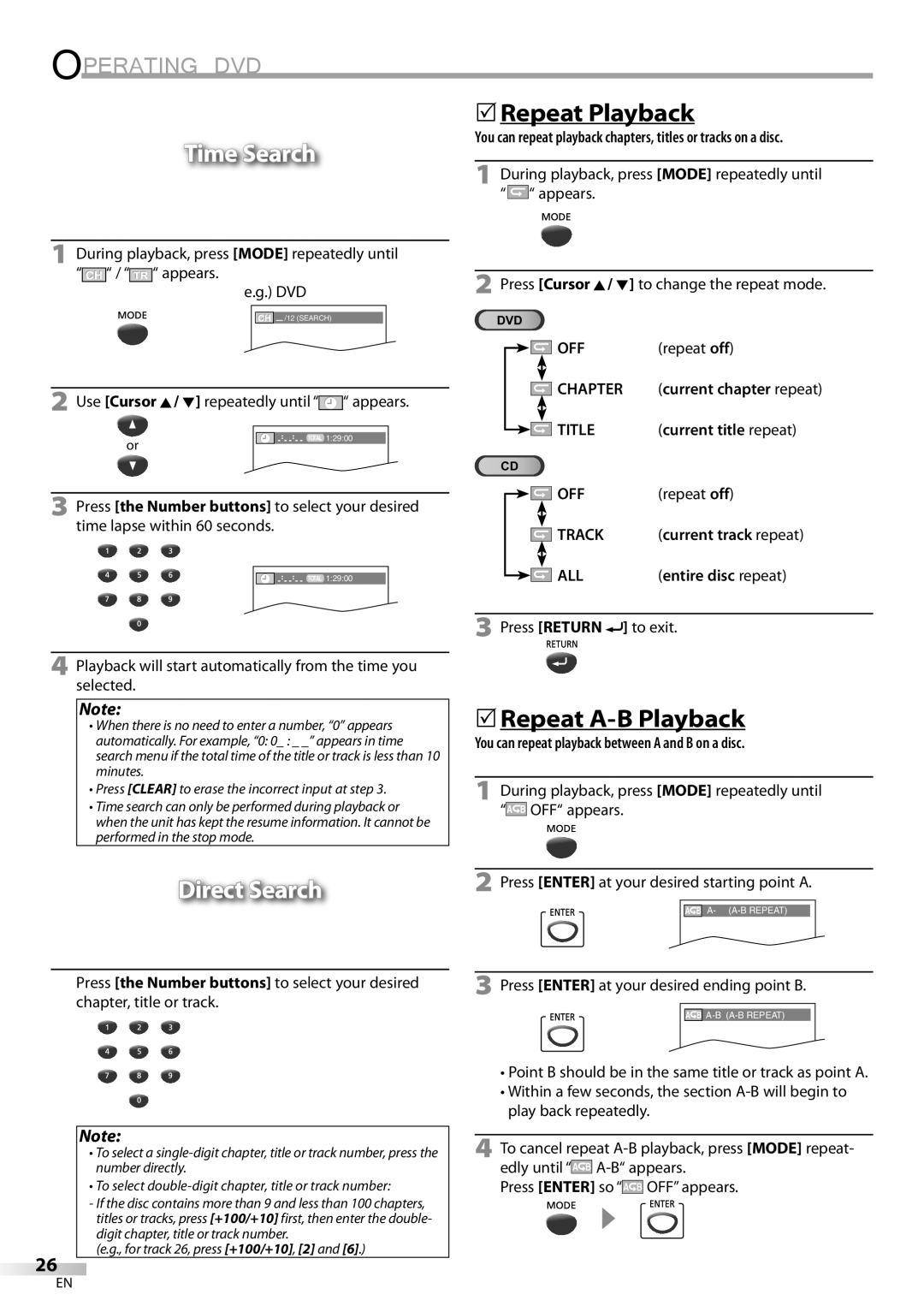 FUNAI V7PFDVD20 owner manual Time Search, Repeat Playback, Direct Search, Repeat A-B Playback 