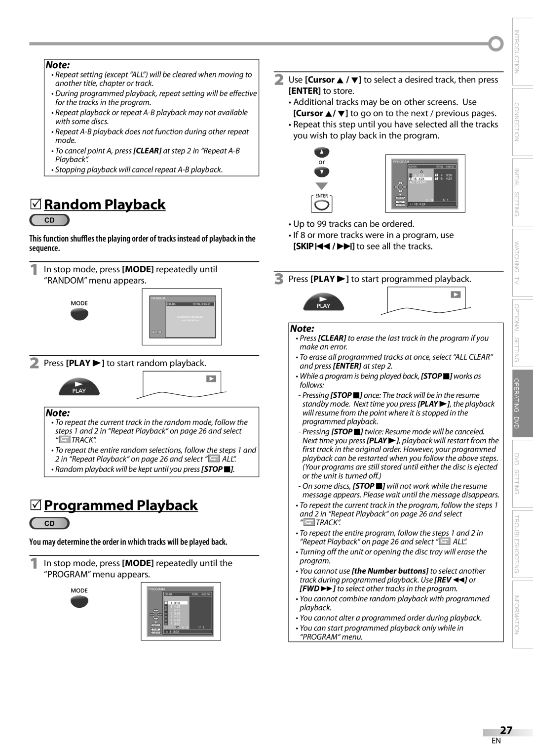 FUNAI V7PFDVD20 Random Playback, Programmed Playback, Stop mode, press Mode repeatedly until Random menu appears 