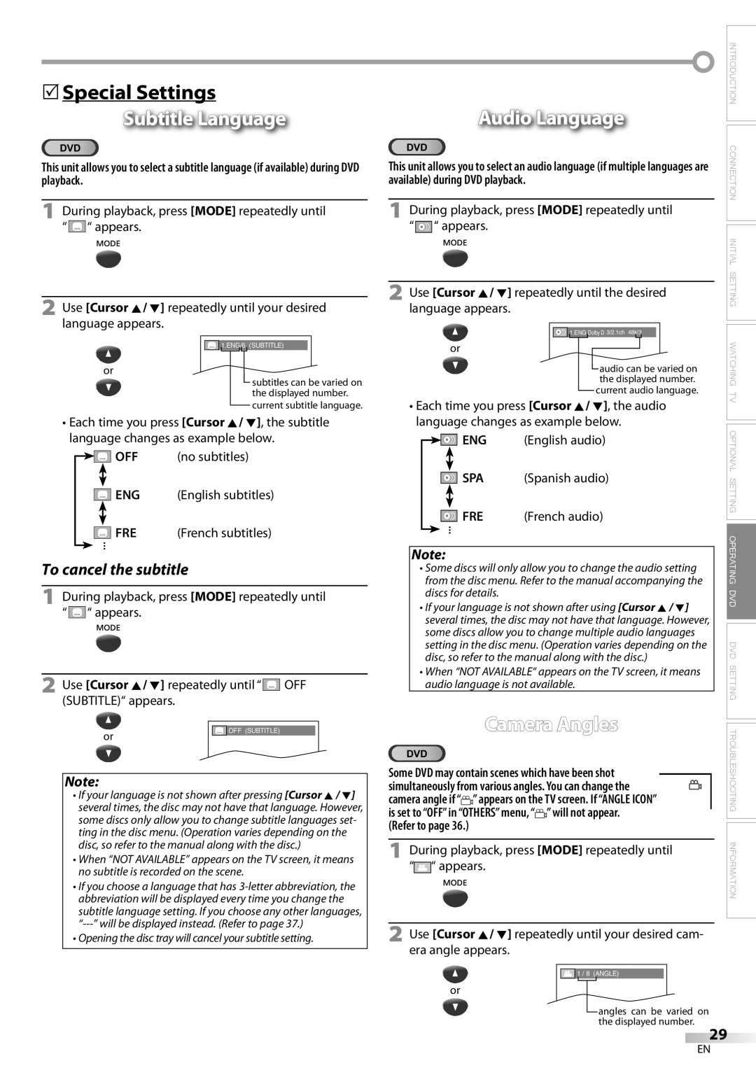 FUNAI V7PFDVD20 owner manual Special Settings, Subtitle Language, Eng, Spa, Fre 