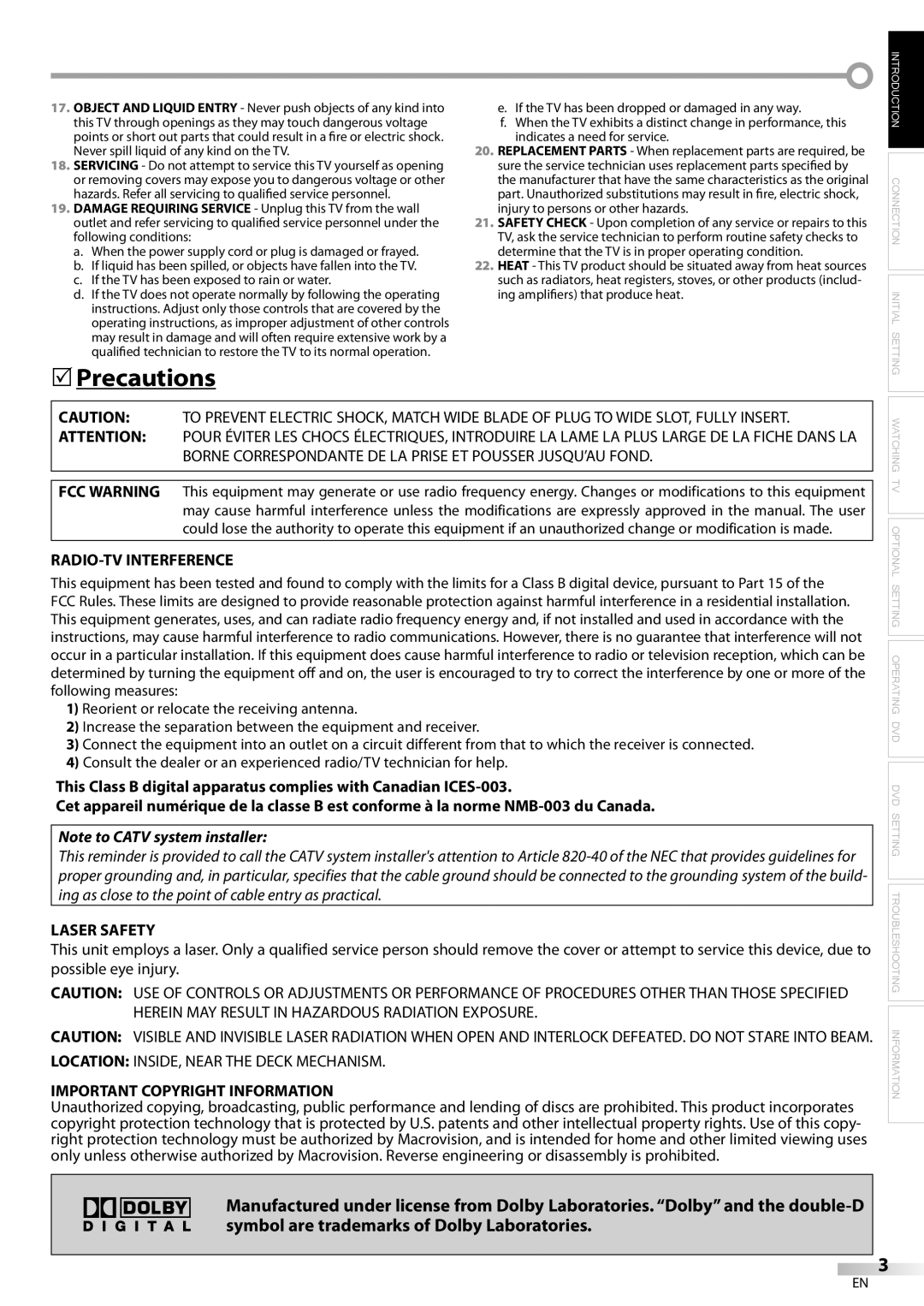 FUNAI V7PFDVD20 owner manual Precautions, RADIO-TV Interference, Laser Safety, Important Copyright Information 