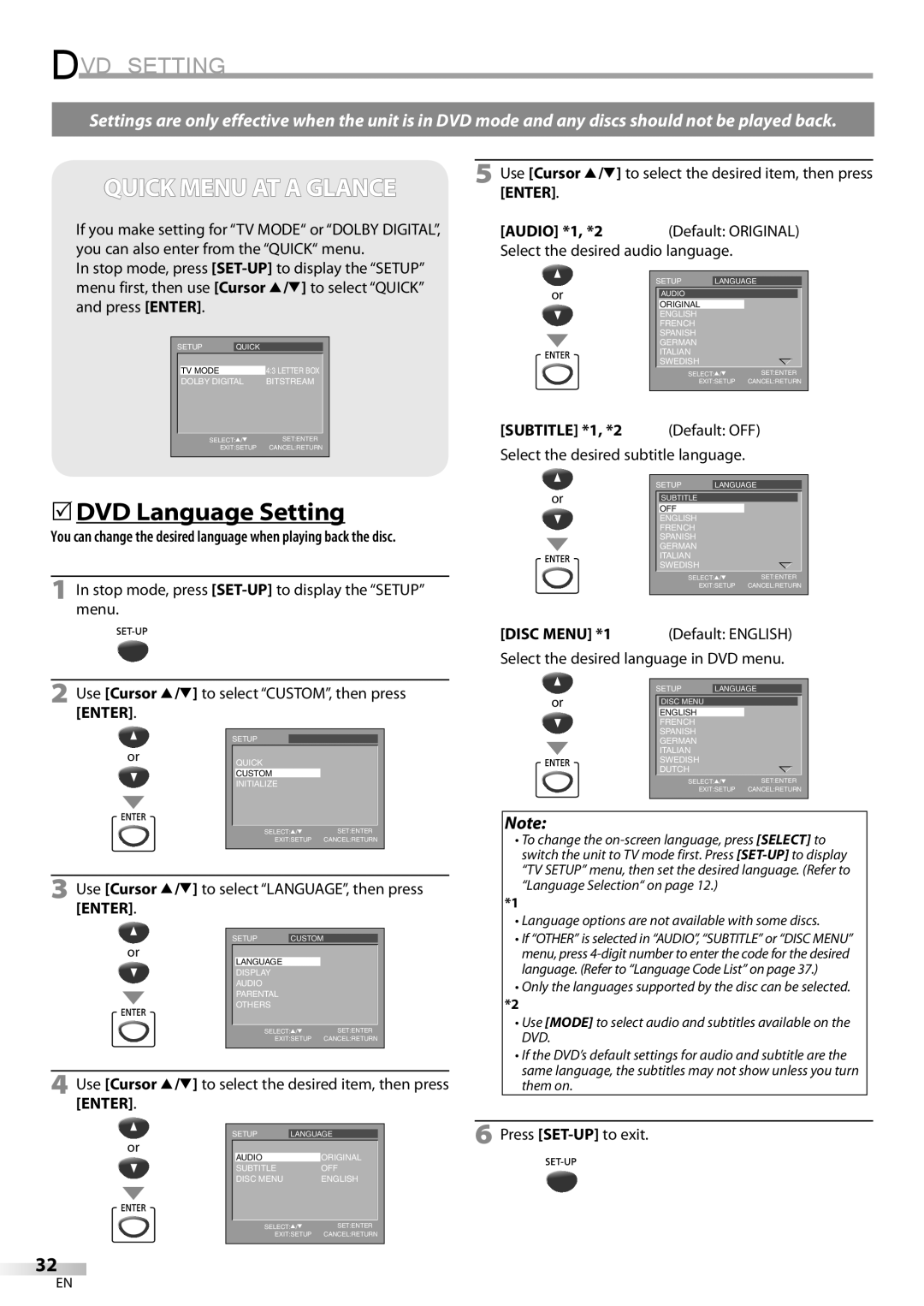 FUNAI V7PFDVD20 owner manual DVD Setting, DVD Language Setting, Subtitle *1, *2, Disc Menu *1 