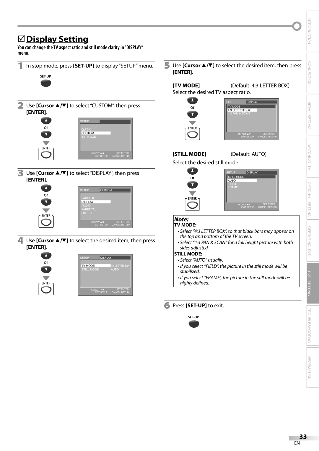 FUNAI V7PFDVD20 owner manual Display Setting, Enter TV Mode, Still Mode 