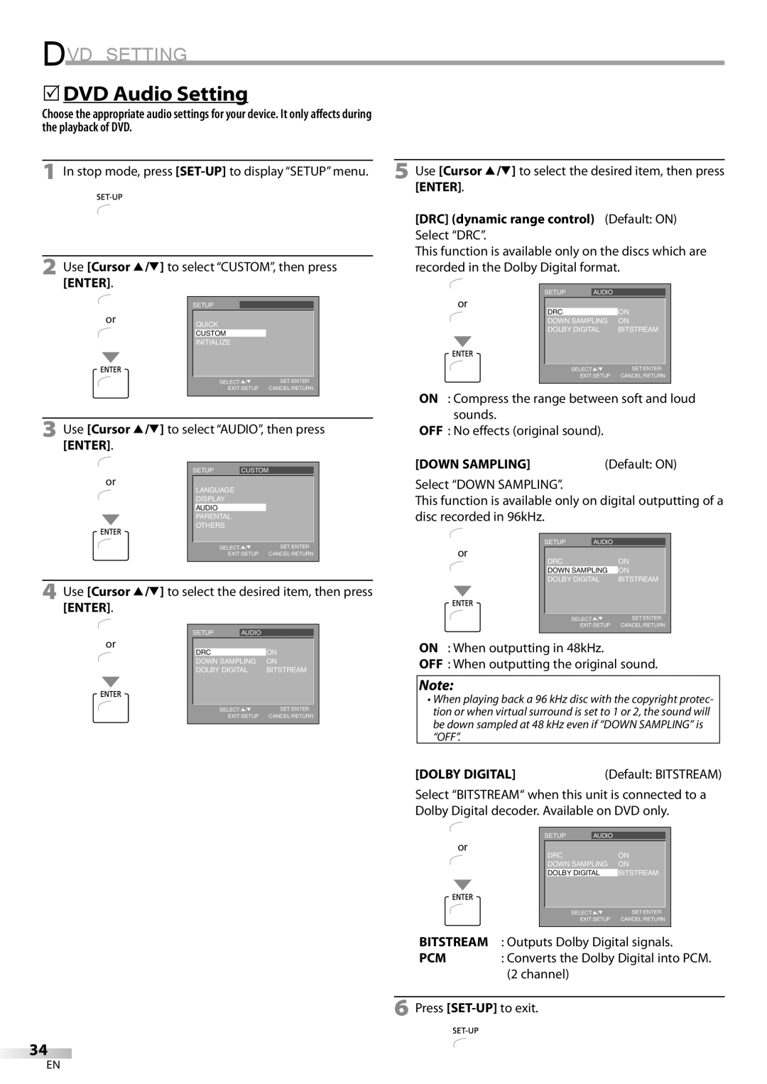 FUNAI V7PFDVD20 owner manual DVD Audio Setting, Use Cursor K/L to select AUDIO, then press, Down Sampling, Dolby Digital 