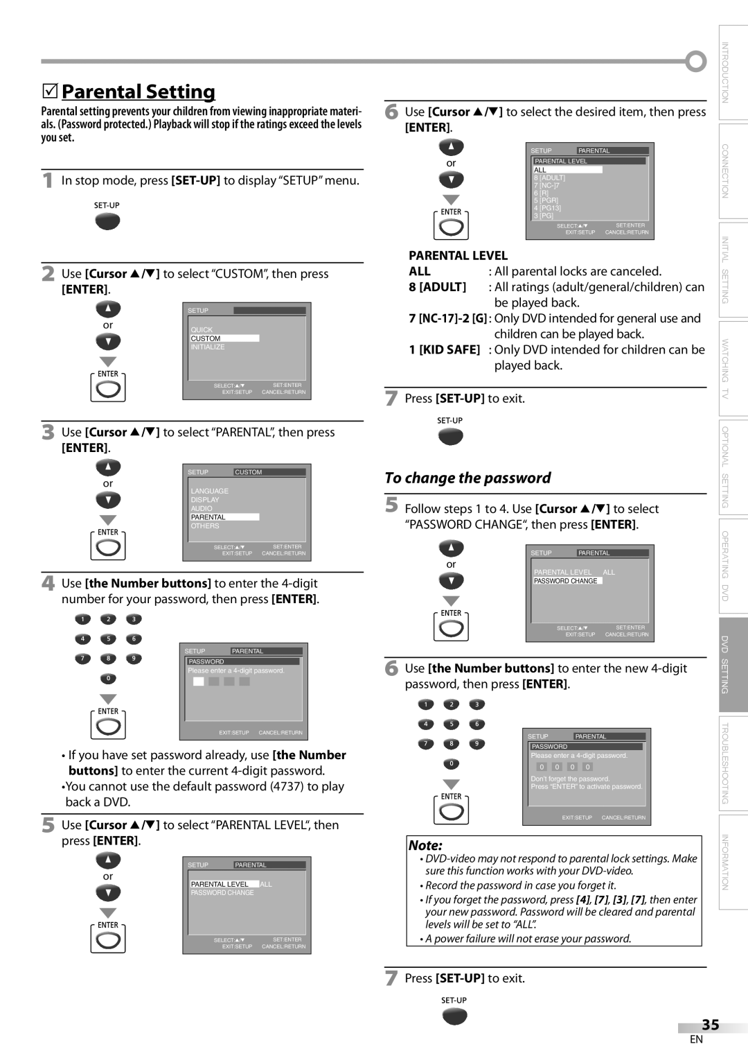 FUNAI V7PFDVD20 owner manual Parental Setting, Use Cursor K/L to select PARENTAL, then press 